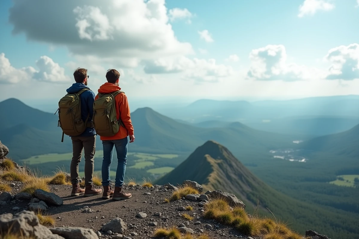 Couple de randonneurs au sommet du Puy de Dôme contemplant la chaîne des volcans d'Auvergne sous un ciel nuageux