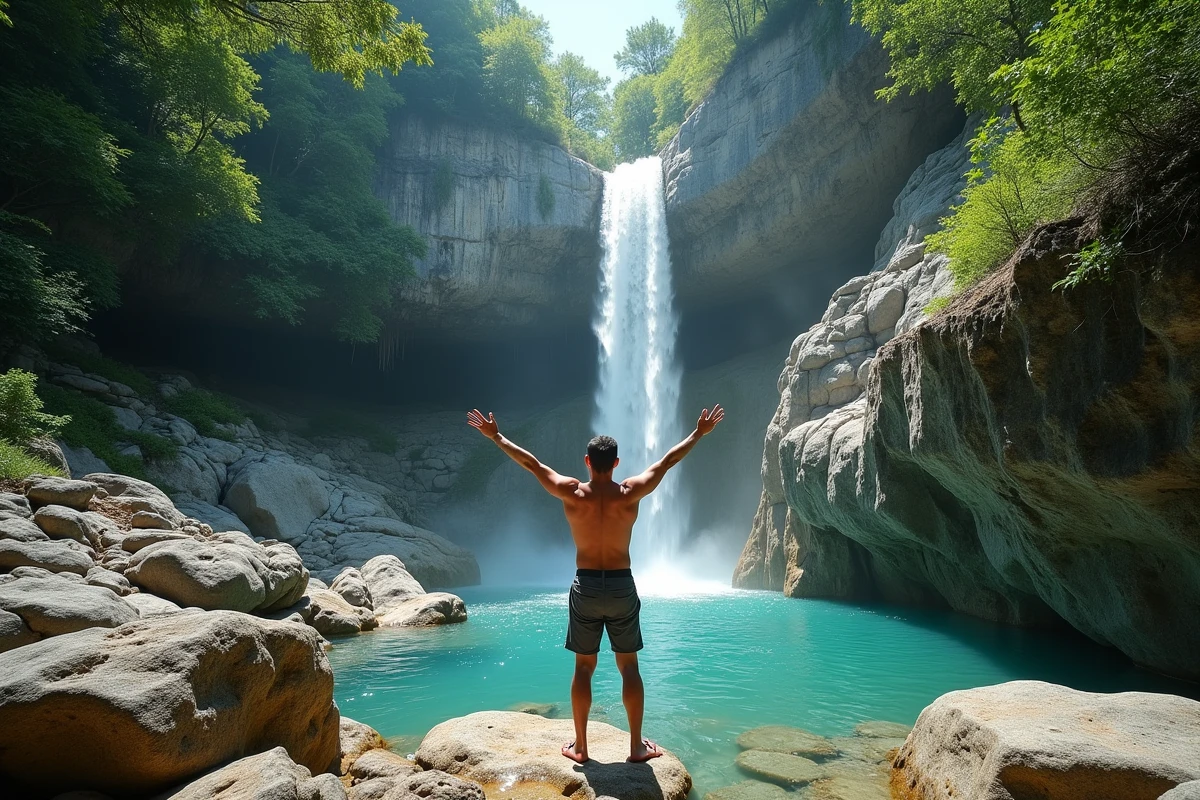 Randonneur admirant la cascade de la Vis dans les gorges de l'Hérault après un trajet en transports depuis Montpellier