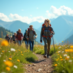 Groupe de randonneurs dans la nature en montagne