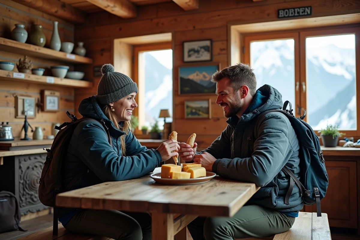 Deux randonneurs dans un refuge alpin convivial