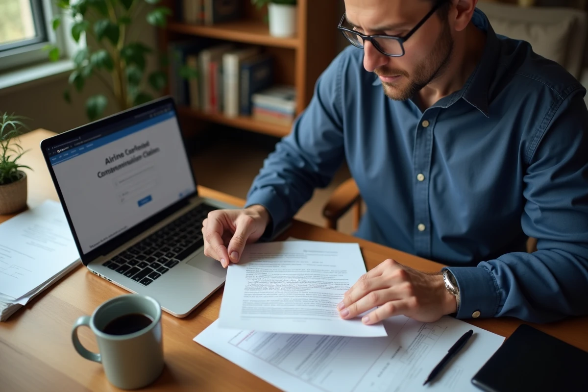 Homme consultant un service de réclamation en ligne pour indemnisation de vol annulé