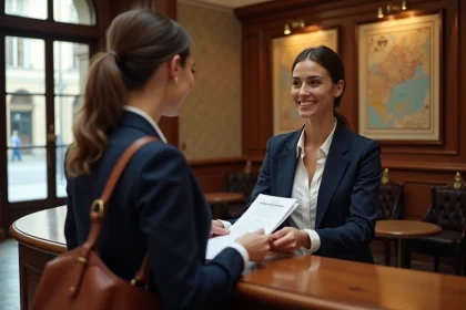 Femme réservant un hôtel centre ville de Dijon directement à la réception, sans intermédiaire