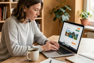 Femme consultant un site de réservation de vacances sur un ordinateur portable pour trouver des offres moins chères chez Iris Vacances en 2026
