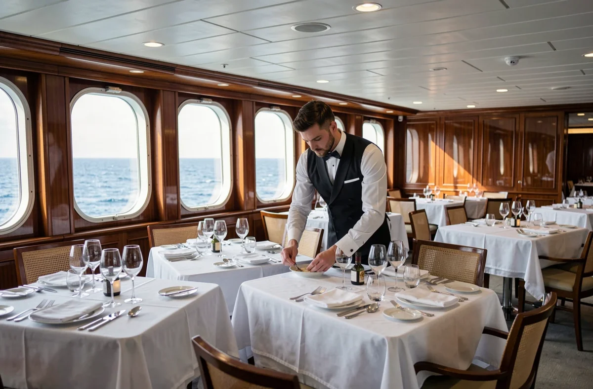Salle à manger élégante d'un paquebot de croisière transatlantique avec vue sur l'océan