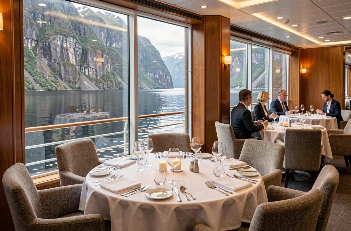 Restaurant panoramique d'un bateau de croisière avec vue sur les fjords norvégiens