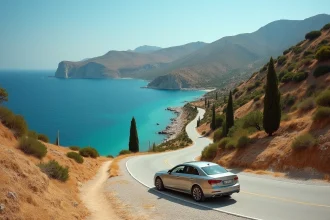 Route sinueuse en bord de mer à Zakynthos avec une voiture de location garée à un belvédère surplombant la mer Ionienne turquoise