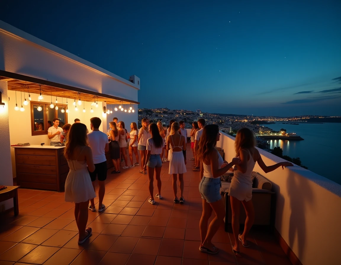 Rooftop de club espagnol avec vue sur la côte méditerranéenne et ambiance festive nocturne