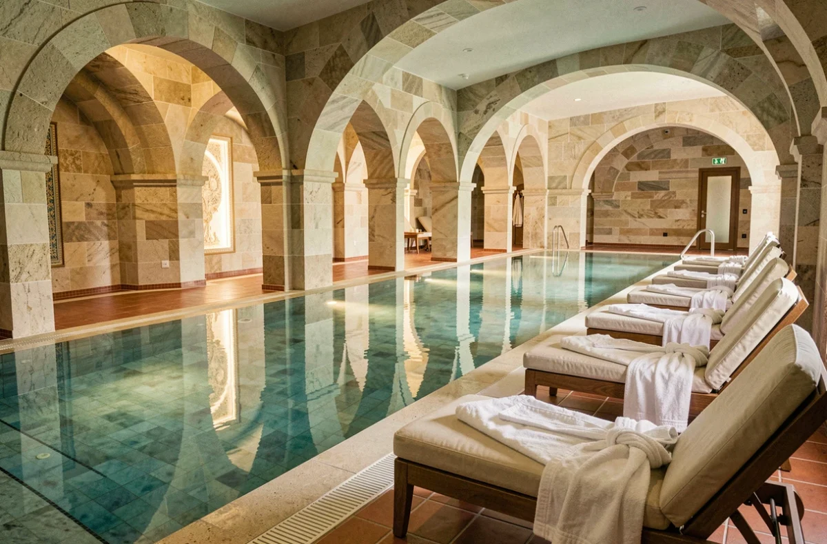 Piscine intérieure et espace spa de l'hôtel Royal Hainaut Spa and Resort avec carrelage mosaïque et chaises longues