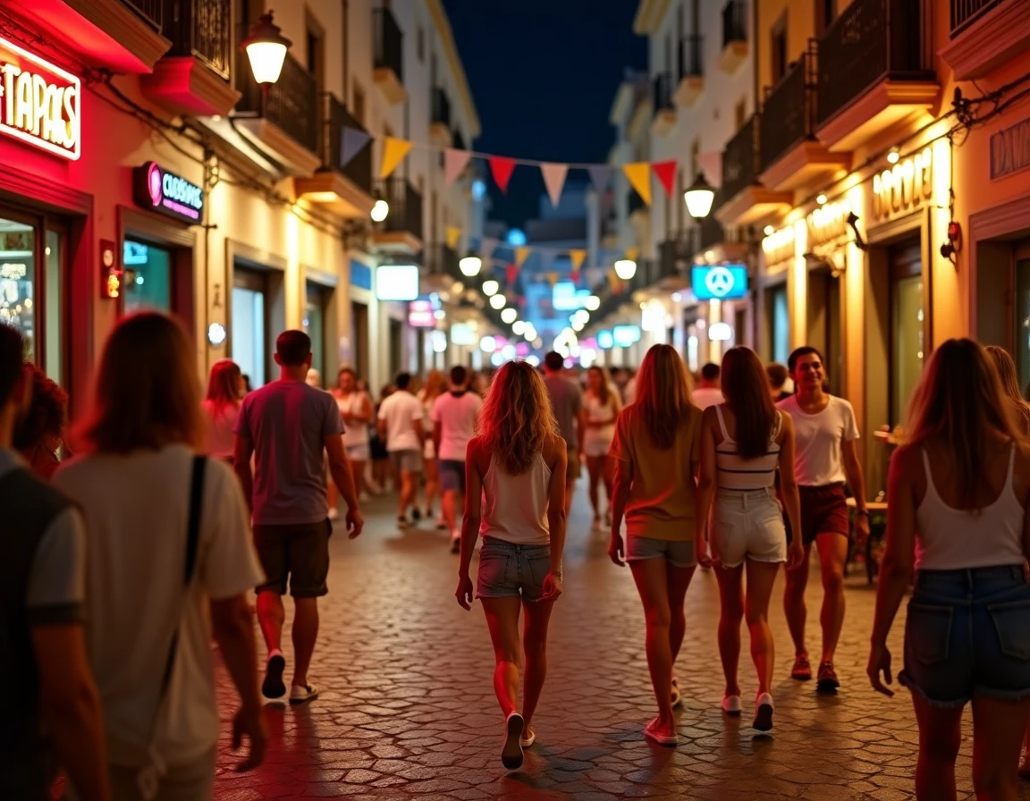 Rue animée d'une station balnéaire espagnole la nuit avec des touristes et des bars illuminés