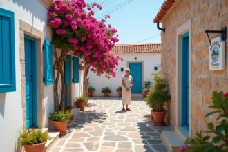 Ruelle blanche traditionnelle de Skopelos Town avec volets bleus, bougainvilliers roses et femme en robe de lin se promenant sur les pavés