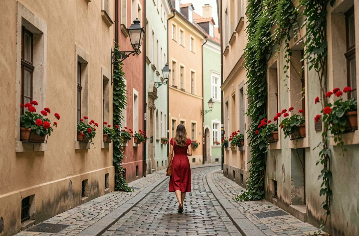 Ruelle pavée du quartier Malá Strana à Prague avec façades colorées et ambiance pittoresque