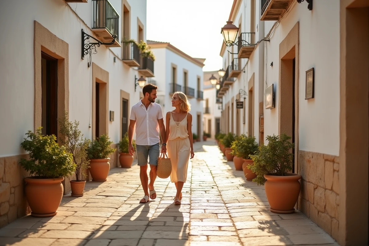Couple en promenade dans une ruelle pavée de la ville blanche d'Ostuni dans les Pouilles, entourés de façades blanchies à la chaux et de céramiques artisanales colorées