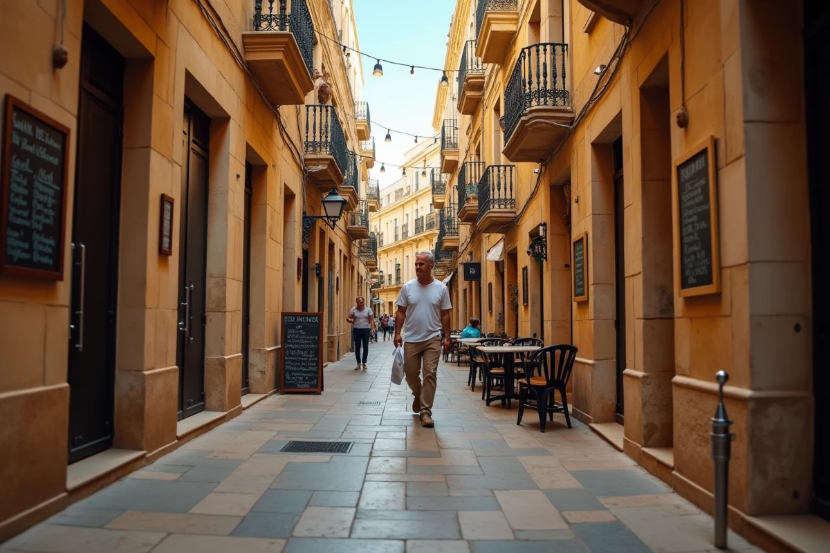 Ruelle pittoresque du quartier de Paceville à Saint-Julien, Malte, avec des façades en calcaire doré et un homme explorant la ville