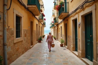 Ruelle étroite en pierre calcaire à Senglea avec balcons maltais traditionnels colorés et vue sur le port en arrière-plan