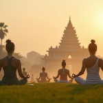 Séance de yoga au lever du soleil sur une pelouse verte avec un temple indien en arrière-plan