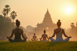 Séance de yoga au lever du soleil sur une pelouse verte avec un temple indien en arrière-plan