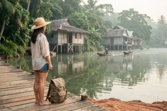 Voyageuse slow travel au Cambodge debout sur un ponton en bois au bord d'une rivière calme face à des maisons sur pilotis entourées de végétation tropicale