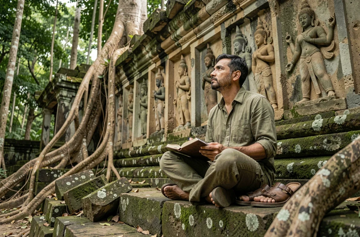 Voyageur assis sur les marches moussues d'un temple khmer isolé dans la jungle cambodgienne entouré de racines d'arbres et de reliefs sculptés en grès