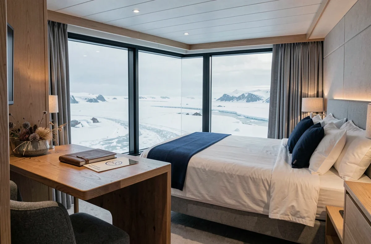 Suite luxueuse avec vue panoramique sur les glaces à bord d'un navire de croisière polaire haut de gamme