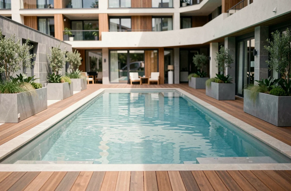 Piscine moderne du T'aim Hôtel Compiègne avec terrasse en bois et verdure environnante