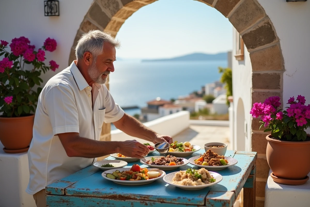 Propriétaire de taverne grecque disposant des mezze sur une terrasse traditionnelle dans un village de Zakynthos