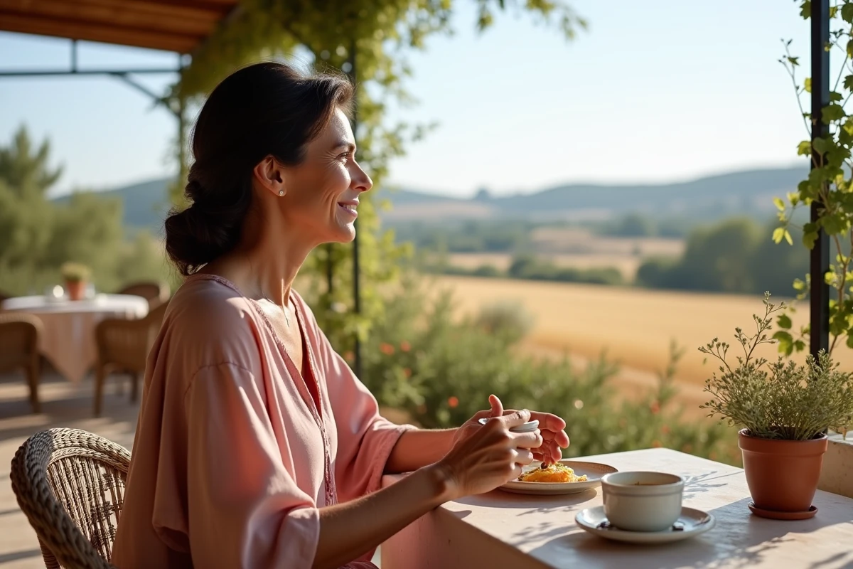 Femme élégante savourant un café sur la terrasse d'une masseria de charme dans les Pouilles, avec vue panoramique sur les oliviers et les champs dorés