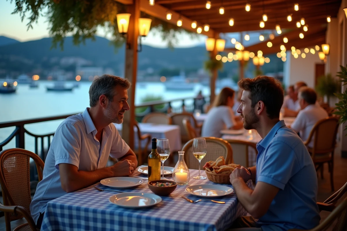 Terrasse de taverne grecque à Skopelos avec vue sur le port, couple dînant devant des mezze et des bateaux de pêche au coucher du soleil