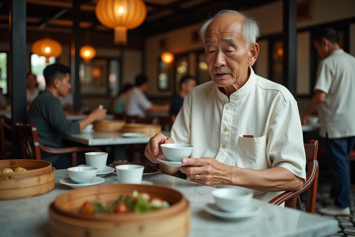 Vieil homme dégustant le thé dans un salon de yum cha traditionnel du quartier Liwan à Guangzhou
