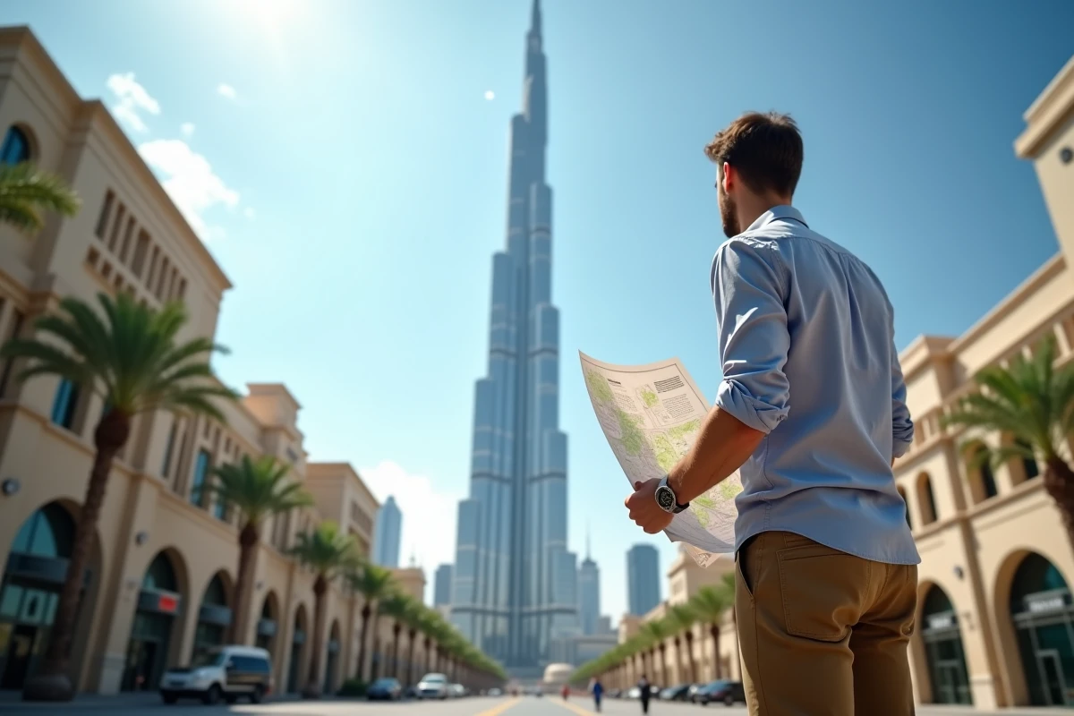 Touriste consultant une carte au pied du Burj Khalifa dans le quartier Downtown Dubaï