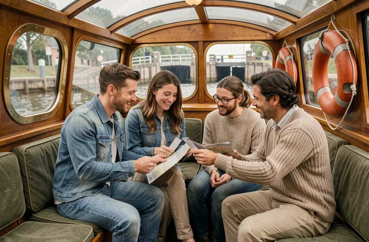 Touristes à bord d'un bateau sur le canal Saint-Martin consultant leurs billets de croisière et une carte du canal
