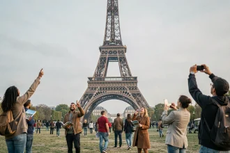Touristes internationaux devant la Tour Eiffel à Paris, le pays le plus visité au monde