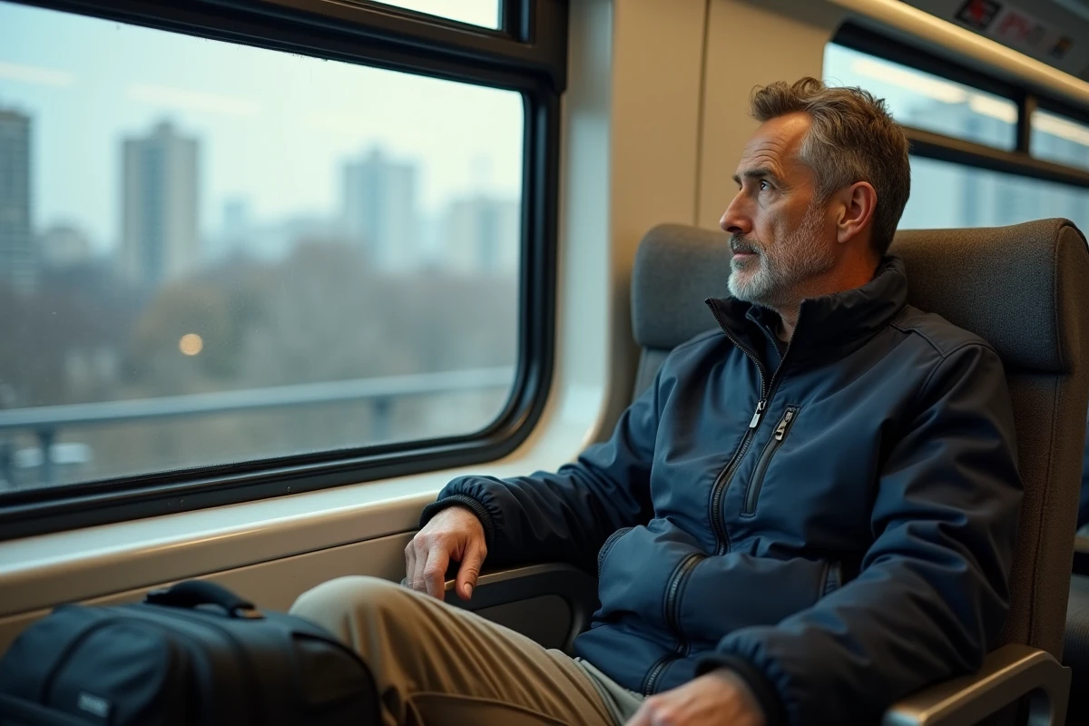 Voyageur dans le train Cercanías reliant l'aéroport Madrid-Barajas au centre-ville, regardant par la fenêtre le paysage urbain madrilène