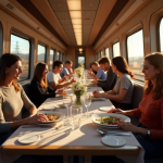 Intérieur d'un train moderne avec voyageurs dégustant des repas gourmets