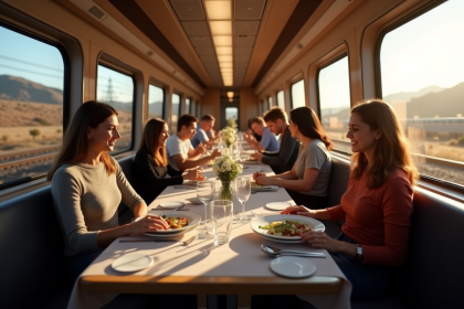 Intérieur d'un train moderne avec voyageurs dégustant des repas gourmets