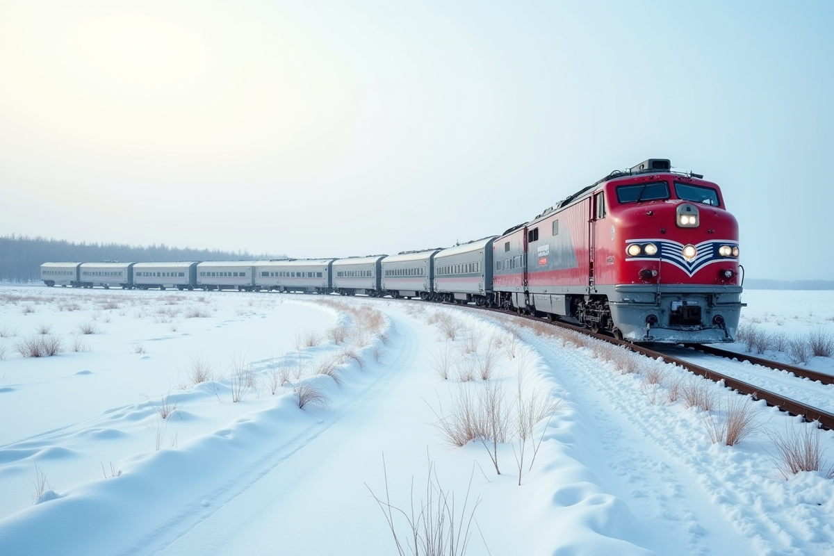 Vue panoramique du train transsibérien sur la steppe enneigée