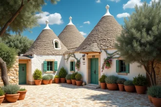 Trullo traditionnel en pierre de taille à Alberobello dans les Pouilles, entouré d'oliviers et de bougainvillées, typique d'un circuit en hôtel de charme dans la région