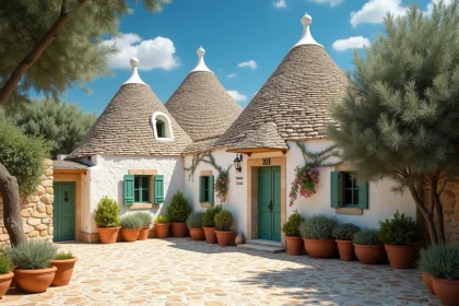 Trullo traditionnel en pierre de taille à Alberobello dans les Pouilles, entouré d'oliviers et de bougainvillées, typique d'un circuit en hôtel de charme dans la région