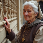 Femme âgée en costume traditionnel touchant des sculptures anciennes