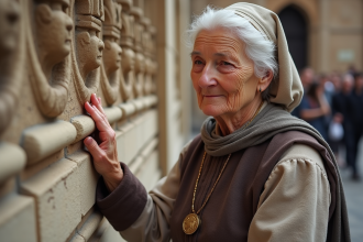 Femme âgée en costume traditionnel touchant des sculptures anciennes