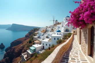 Village blanc des Cyclades accroché à une falaise volcanique avec vue sur la mer Égée turquoise, typique de Foléganfros ou Milos