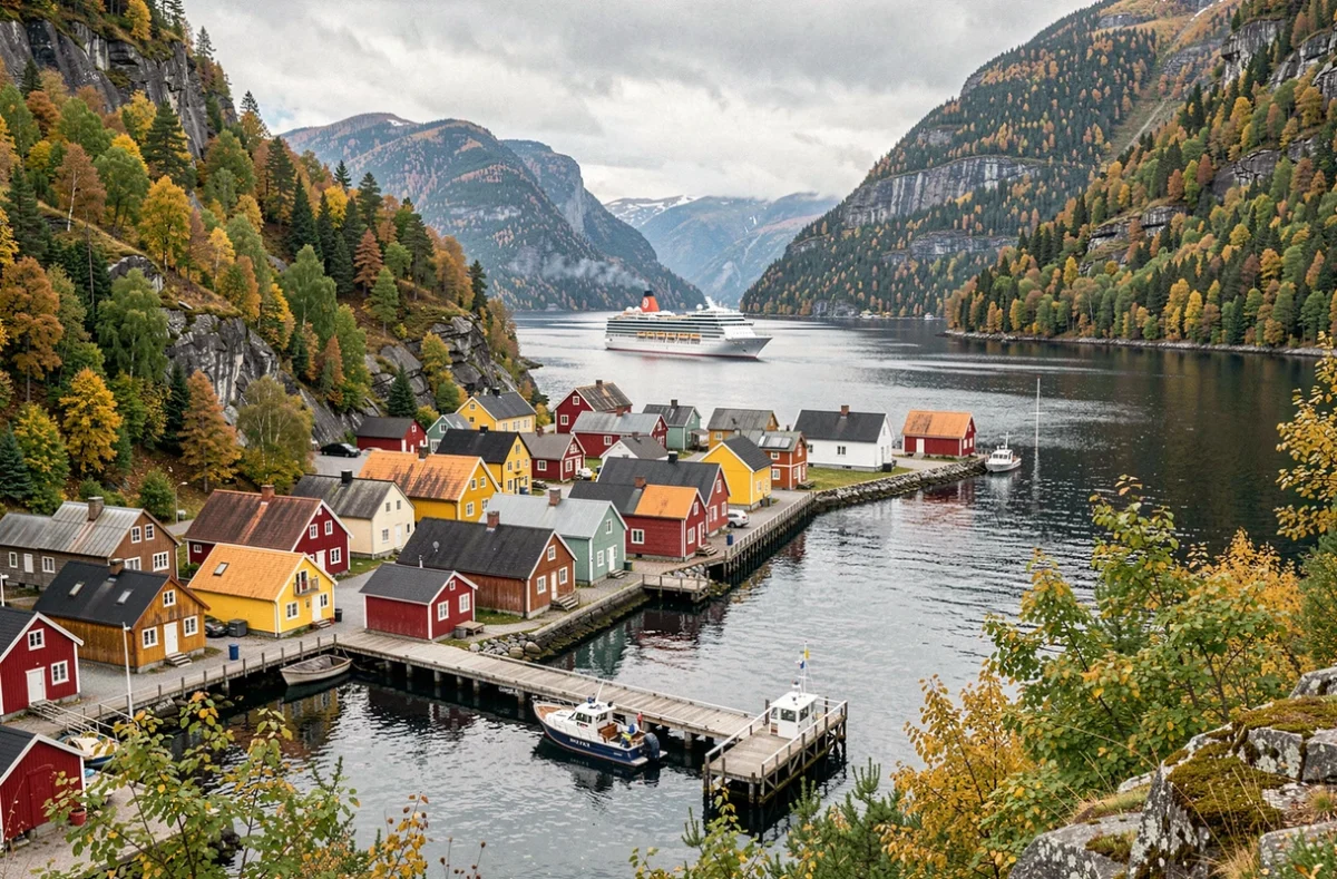 Village coloré en bord de fjord avec un navire de croisière ancré au large en Norvège