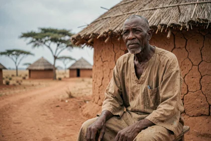 Ancien du village isolé de Koriom au Soudan du Sud assis devant une hutte traditionnelle en pisé avec toit de chaume