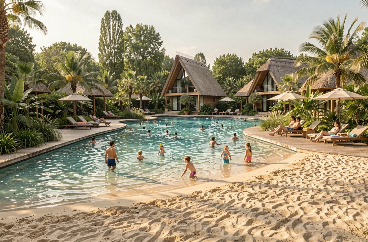 Familles se relaxant autour du lagon naturel avec plage de sable et cabines en chaume de Villages Nature Paris à Bailly-Romainvilliers avec une végétation tropicale luxuriante