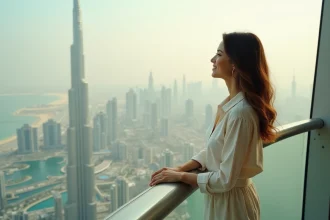 Femme sur la terrasse d'observation du Burj Khalifa avec vue panoramique sur Dubaï