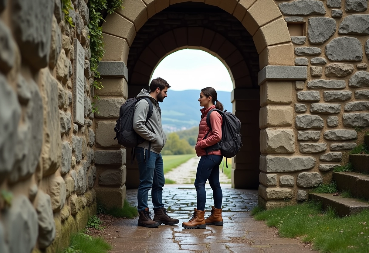 Jeune couple examine plaque devant le château ancien