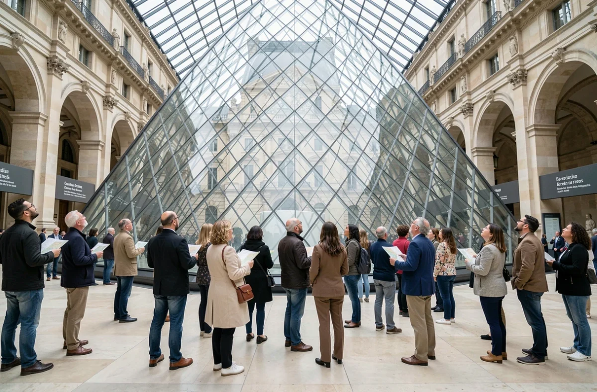 Visiteurs admirant la pyramide en verre du Louvre à Paris, symbole du tourisme en France