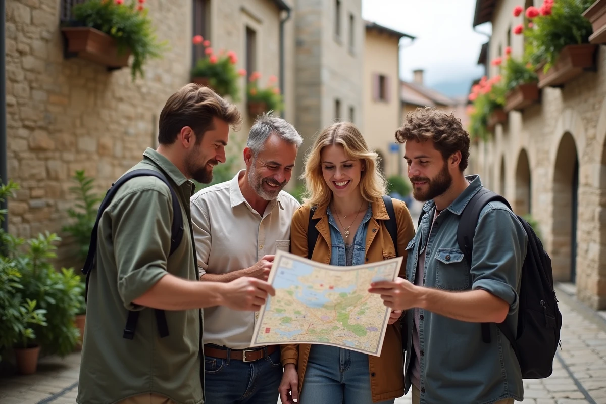 Groupe de touristes regardant une carte devant les remparts médiévaux