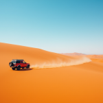 Véhicule 4x4 traversant dunes orange dans le désert namibien