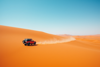 Véhicule 4x4 traversant dunes orange dans le désert namibien