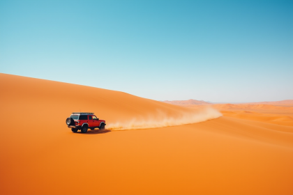 Véhicule 4x4 traversant dunes orange dans le désert namibien